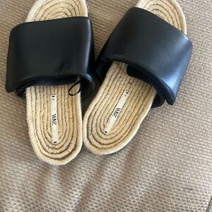Zara Black Wide Strap Espadrille Slide Sandals